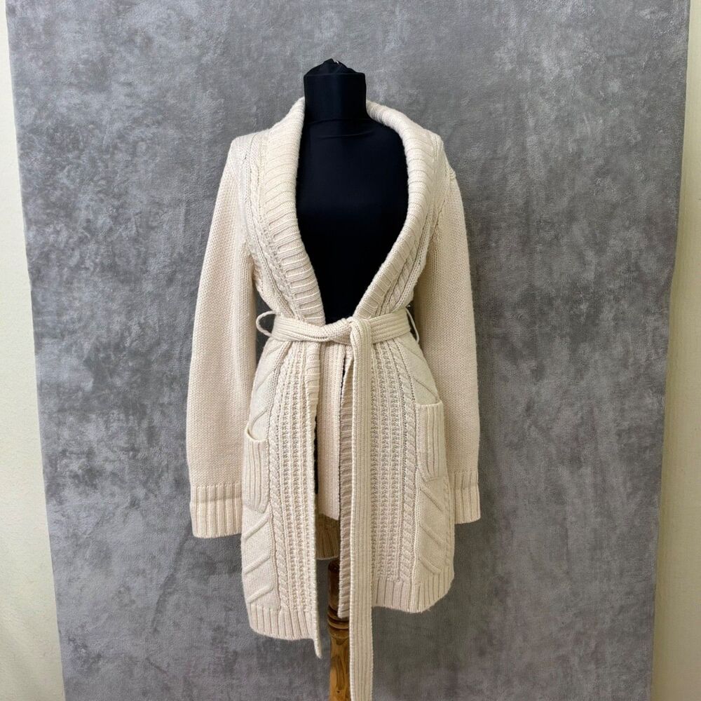 Talbots Open Front belted Cardigan S cream Alpaca Wool Blend Duster Minimalist